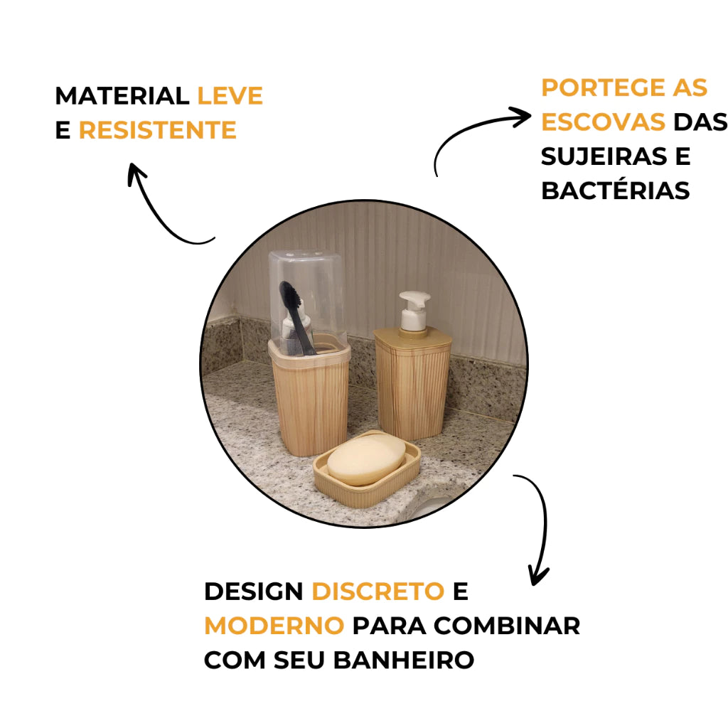 Kit Banheiro 3 Peças Bege Amadeirado | Porta Sabonete e Escova – Hadar Decorações