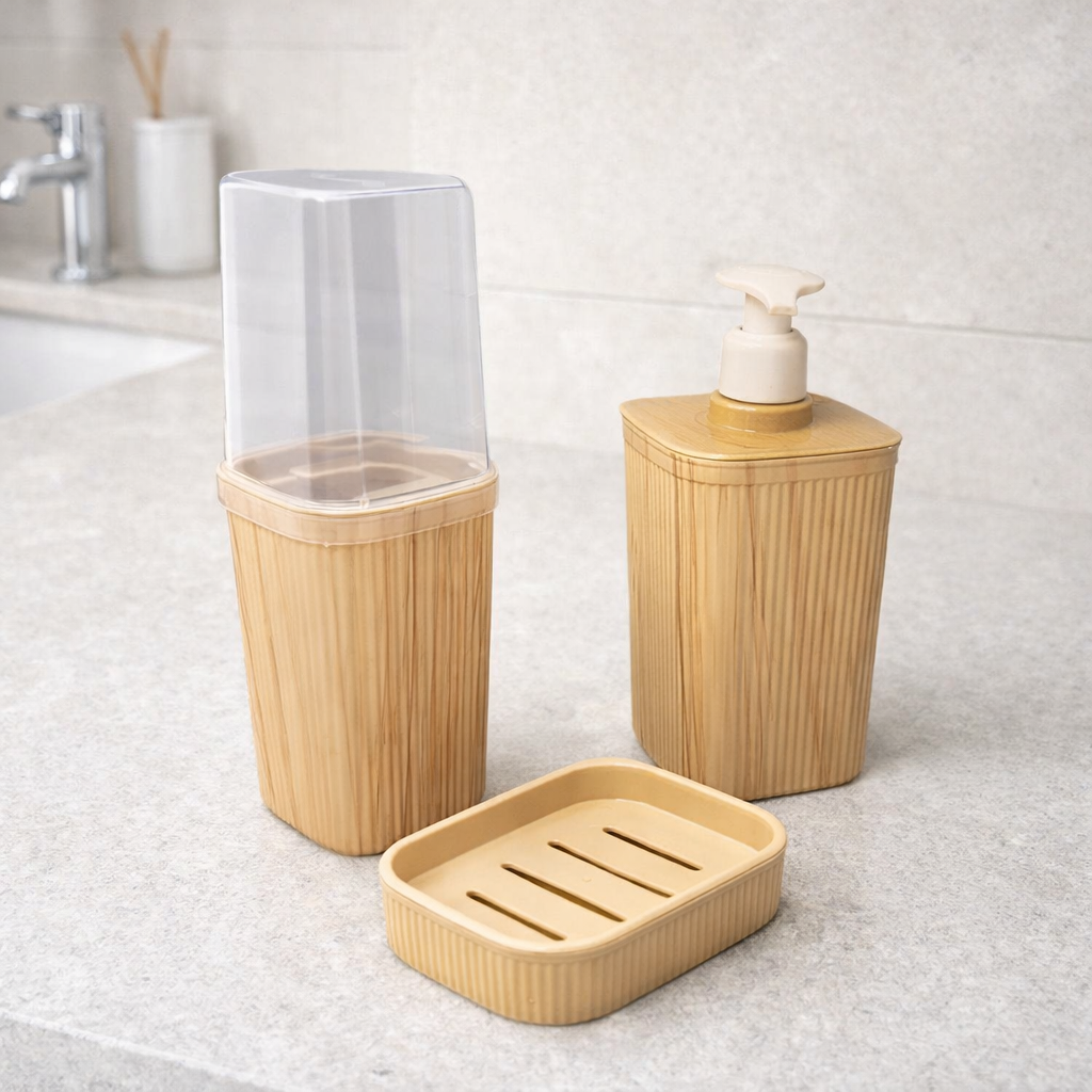Kit Banheiro 3 Peças Bege Amadeirado | Porta Sabonete e Escova – Hadar Decorações